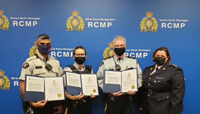 (left to right) Award recipients, among the first to be recognized in the Southeast District, from the Vernon North Okanagan RCMP Cst. Shawn Miranda, Cst. Krista Boudreau and Sgt. Dale Jackson standing alongside their OIC Supt. Shawna Baher;